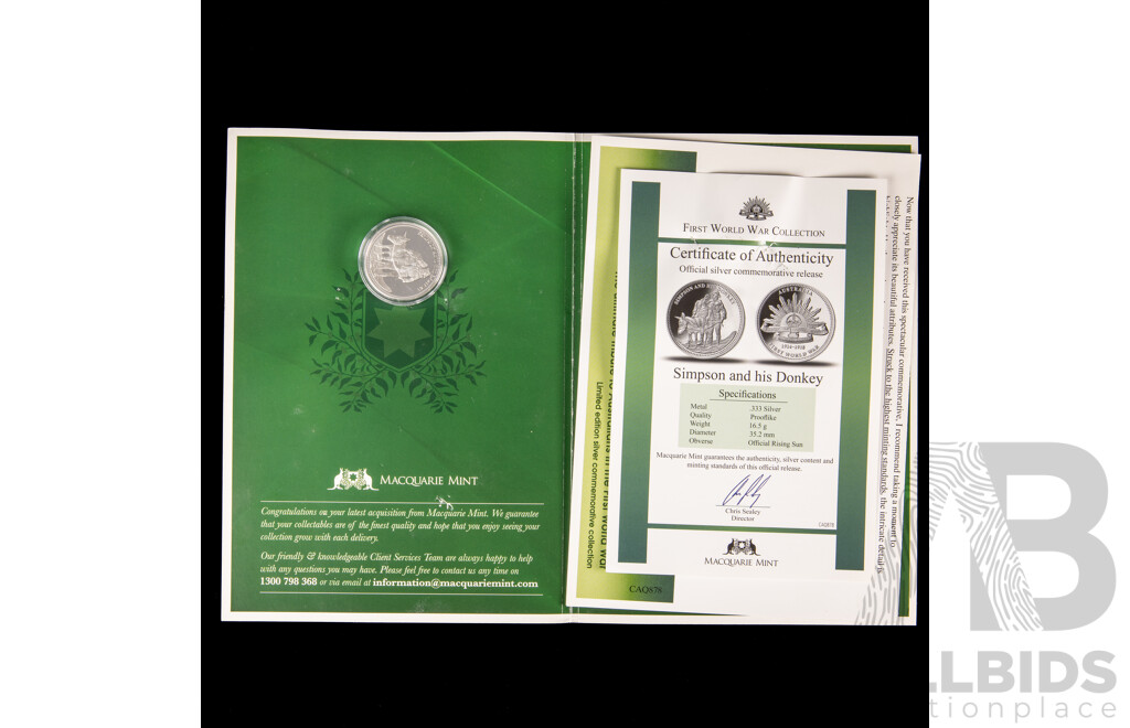 Australian Macquarie Mint First World War Silver Coins, Gallipoli Landing and Simpson and His Donkey .333