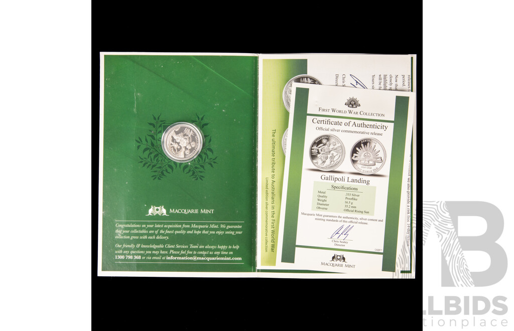 Australian Macquarie Mint First World War Silver Coins, Gallipoli Landing and Simpson and His Donkey .333