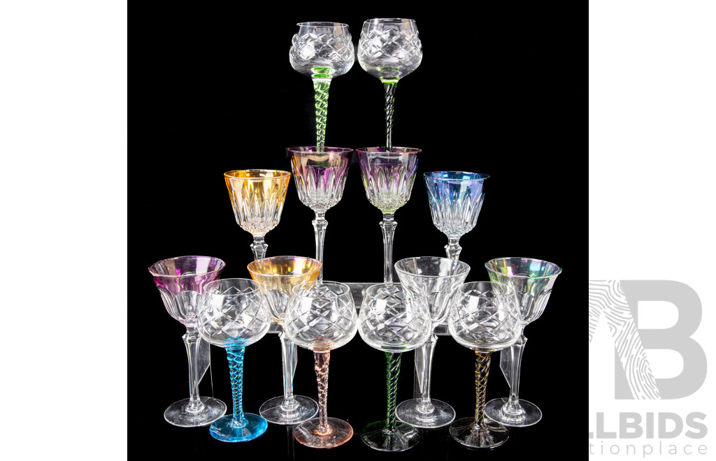 Two Sets Four Flashed Harlequin Crystal Wine Glasses Along with Set Six Similar