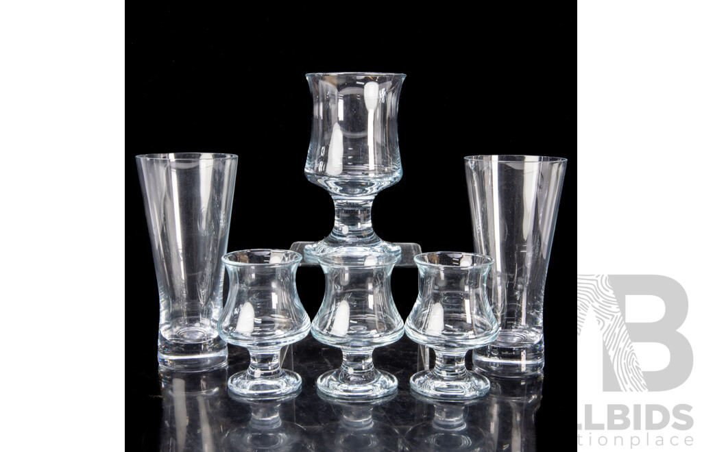 Collection Six Mid Century Ships Glasses in Three Sizes by Holmegaard, Designed by Per Lutken & Made by Harald Hansen
