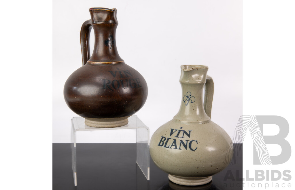 Pair Mid Century Ceramic Danish Knabstaub Red & White Wine Carafes