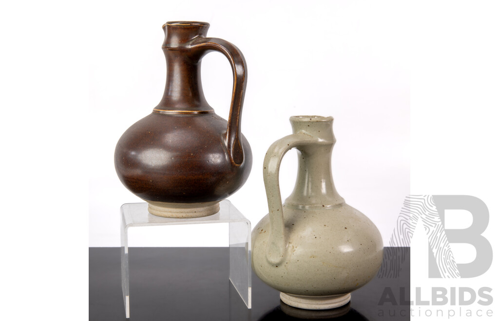 Pair Mid Century Ceramic Danish Knabstaub Red & White Wine Carafes