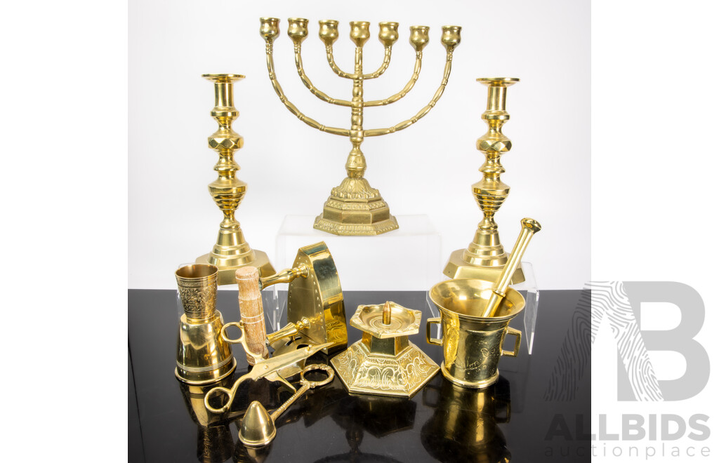 Collection Vintage & Other Brass Wear Including Pair Candle Holders, Seven Branch Candle Holder, Heavy Mortar & Pestle & More