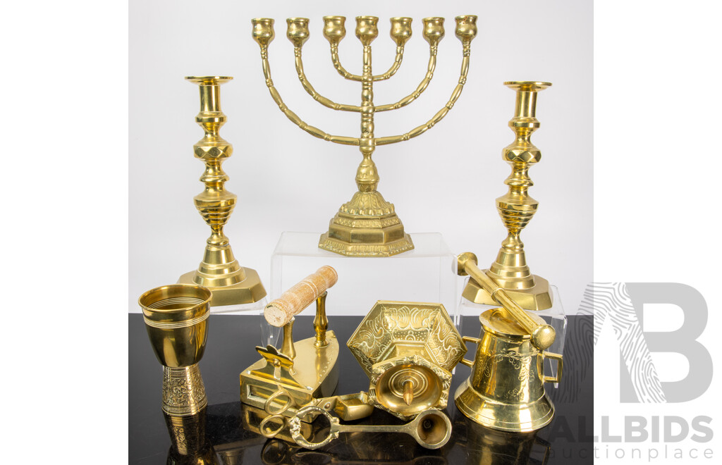 Collection Vintage & Other Brass Wear Including Pair Candle Holders, Seven Branch Candle Holder, Heavy Mortar & Pestle & More