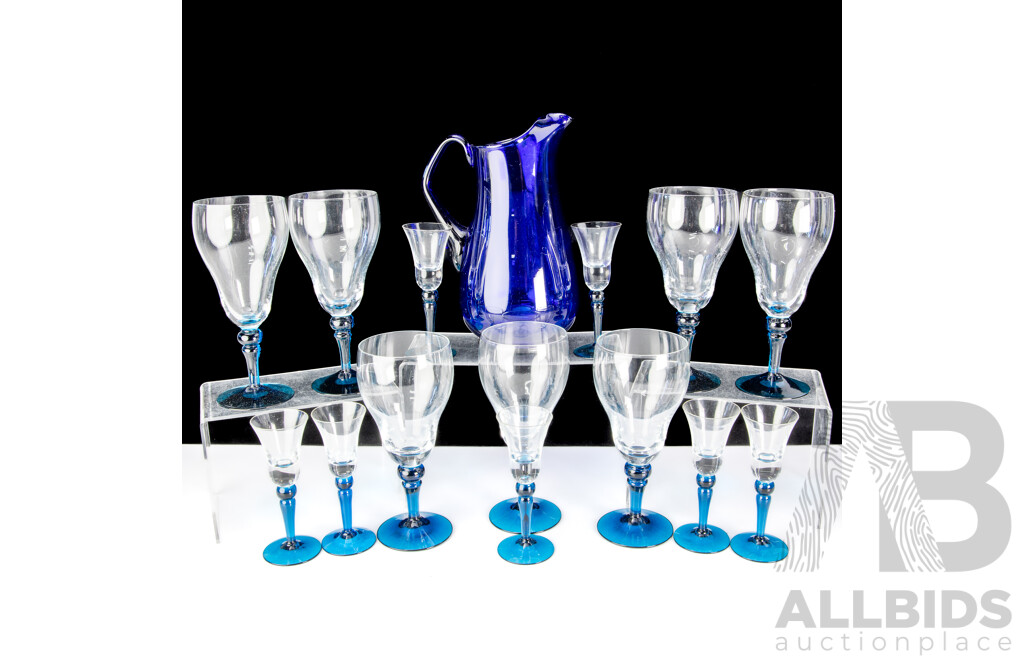 Collection Mid Century Glass Wear Comprising Cobalt Blue Pitcher, Set Seven Wine Glasses with Blue Stems, Matching Set Seven Liquor Glasses