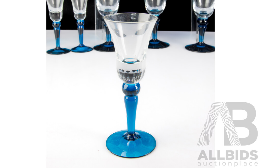Collection Mid Century Glass Wear Comprising Cobalt Blue Pitcher, Set Seven Wine Glasses with Blue Stems, Matching Set Seven Liquor Glasses