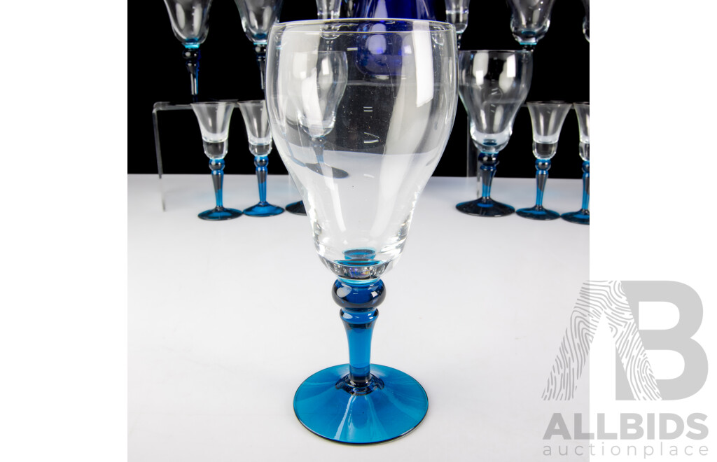Collection Mid Century Glass Wear Comprising Cobalt Blue Pitcher, Set Seven Wine Glasses with Blue Stems, Matching Set Seven Liquor Glasses