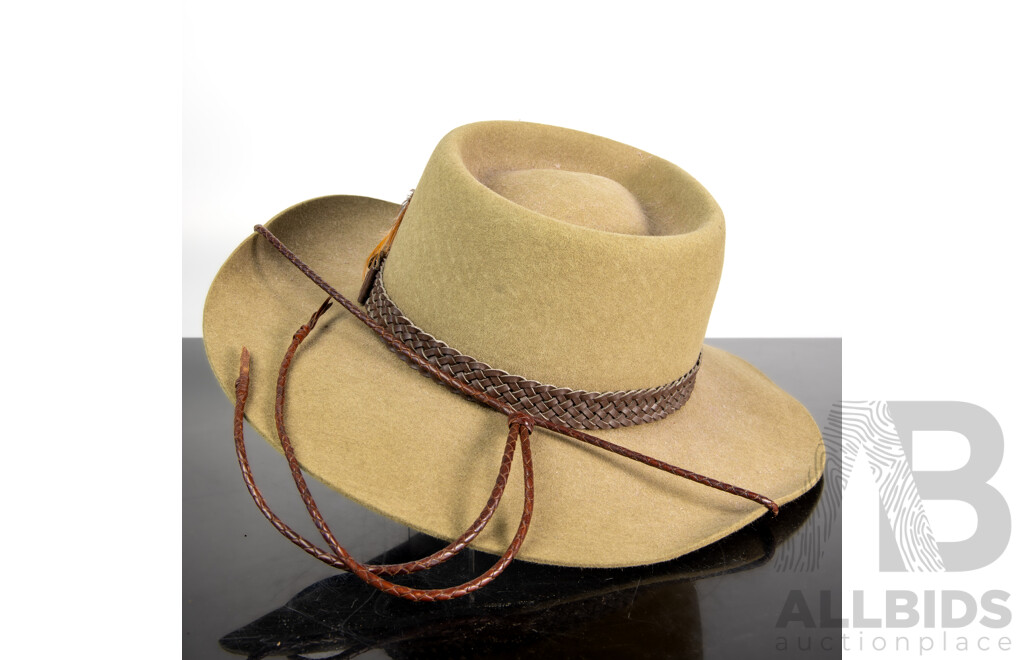 Australian Made Akubra Snowy River Pure Felt Hat with Plaited Leather Hatband, Size 56