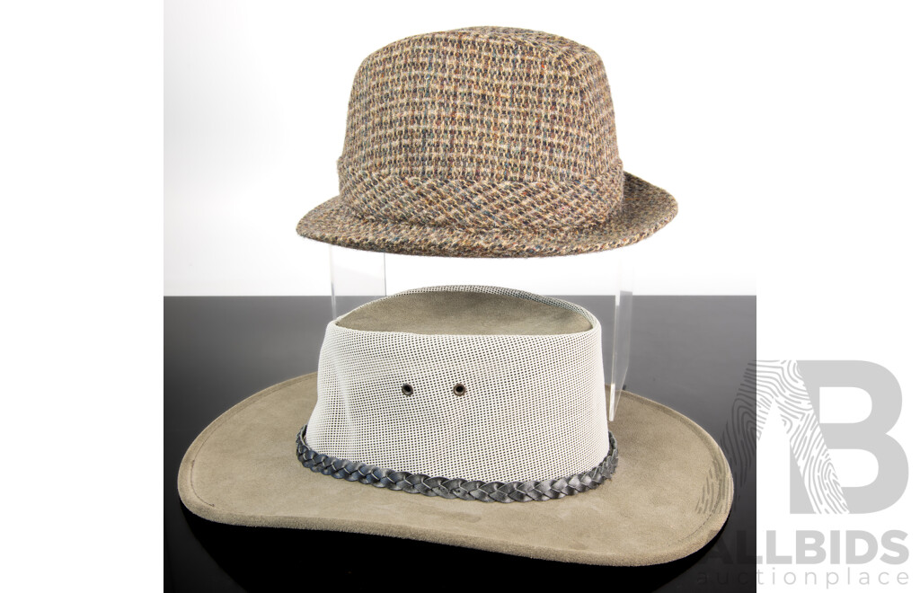 French Made Harris Tweed Hat by Crambes for Luton, Along with Australian Jacaru Example with Leather Brim, Size M/L