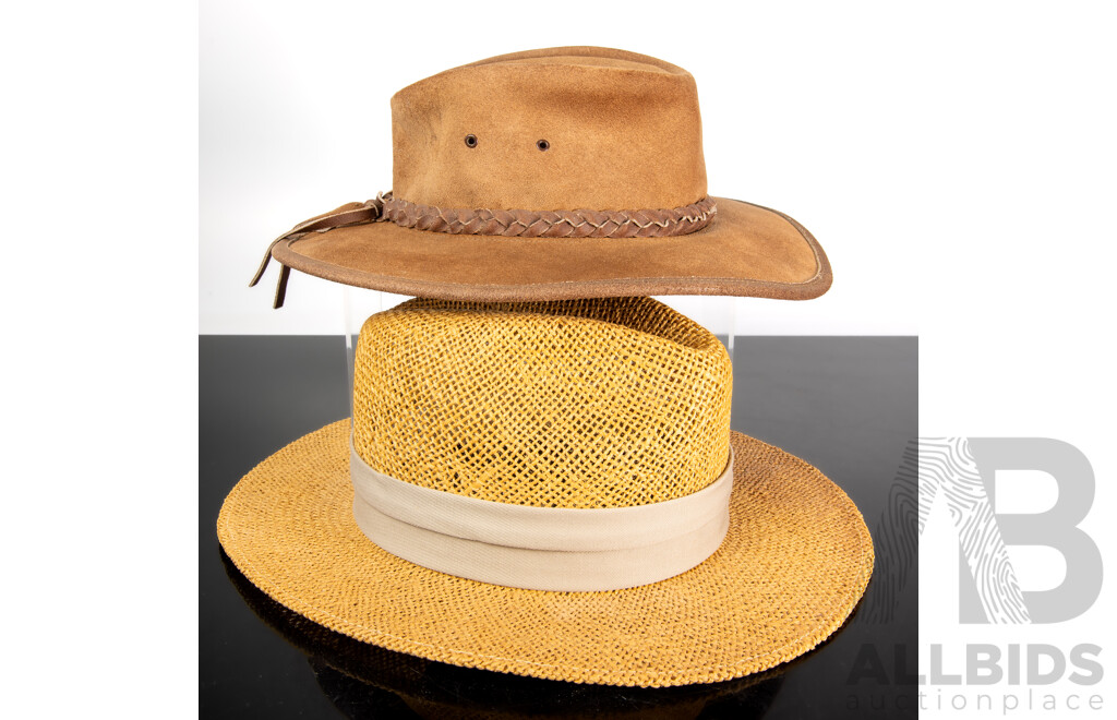 Australian The Outback Trader Leather Hat, Size Medium Along with Stetson Straw Example, Size L XL