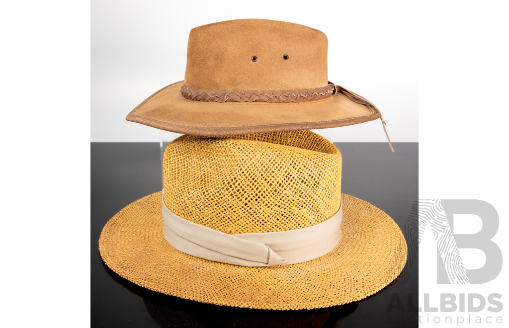 Australian The Outback Trader Leather Hat, Size Medium Along with Stetson Straw Example, Size L XL