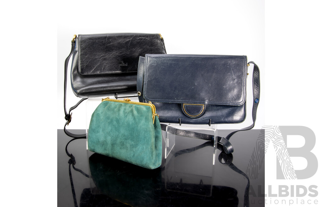 Collection Three Purses or Hand Bags Including Cellini Black Leather Example, Another Dark Blue Leather Example and More