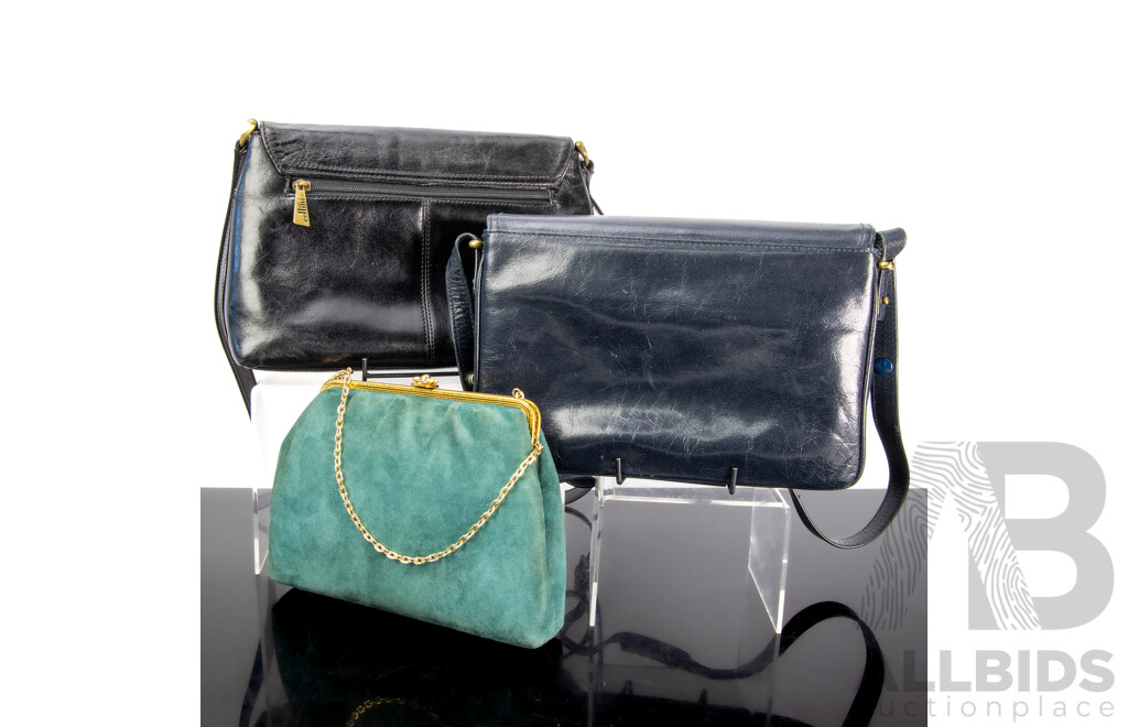 Collection Three Purses or Hand Bags Including Cellini Black Leather Example, Another Dark Blue Leather Example and More