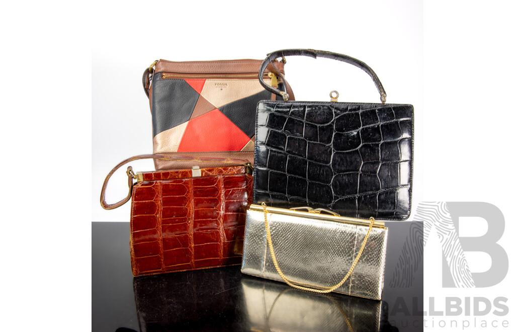 Collection Four Purses or Hand Bags Including Fossil Example, Brown Crocodile Skin Example, Black Faux Crocodile Example and Gold Snakeskin Example