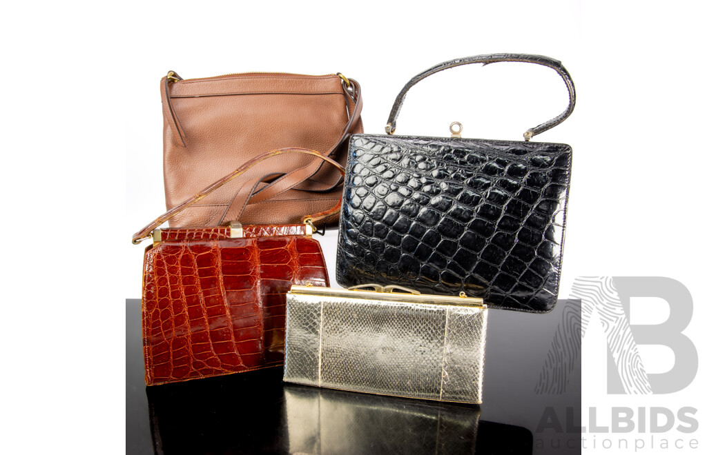 Collection Four Purses or Hand Bags Including Fossil Example, Brown Crocodile Skin Example, Black Faux Crocodile Example and Gold Snakeskin Example