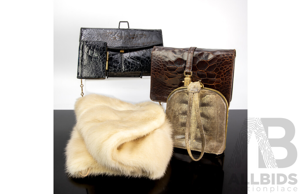 Collection Three Purses or Hand Bags and White Rabbit Fur Stole
