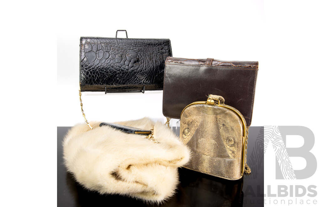 Collection Three Purses or Hand Bags and White Rabbit Fur Stole