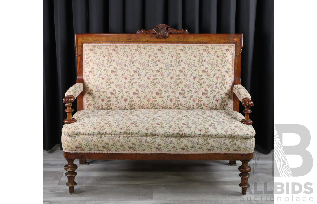 Victorian Bur Walnut Upholstered Settee