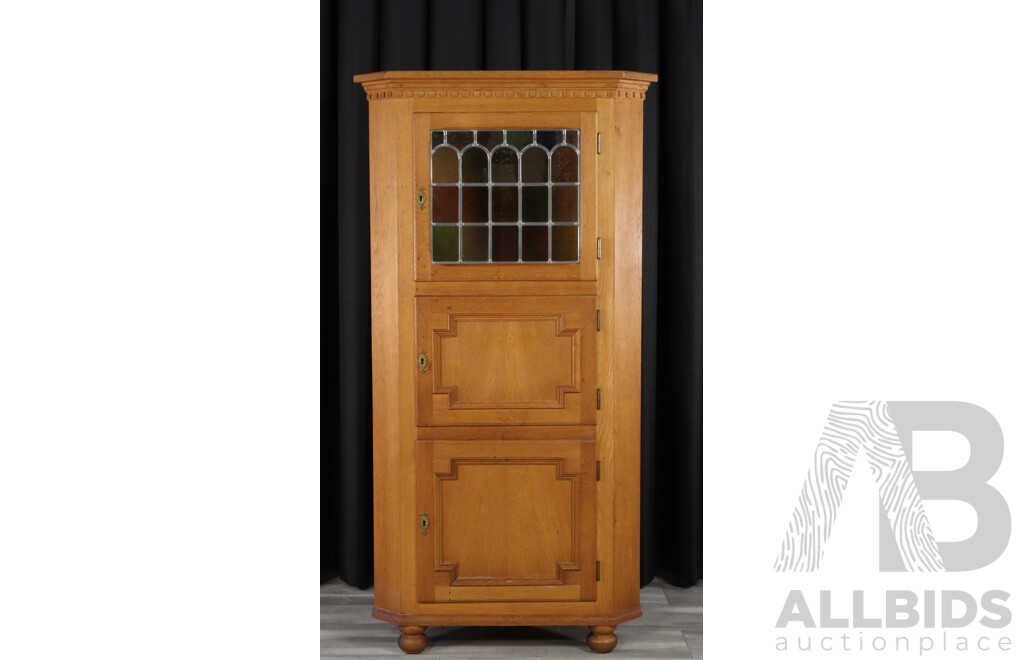 Vintage Danish Oak Corner Cabinet with Leadlight Door