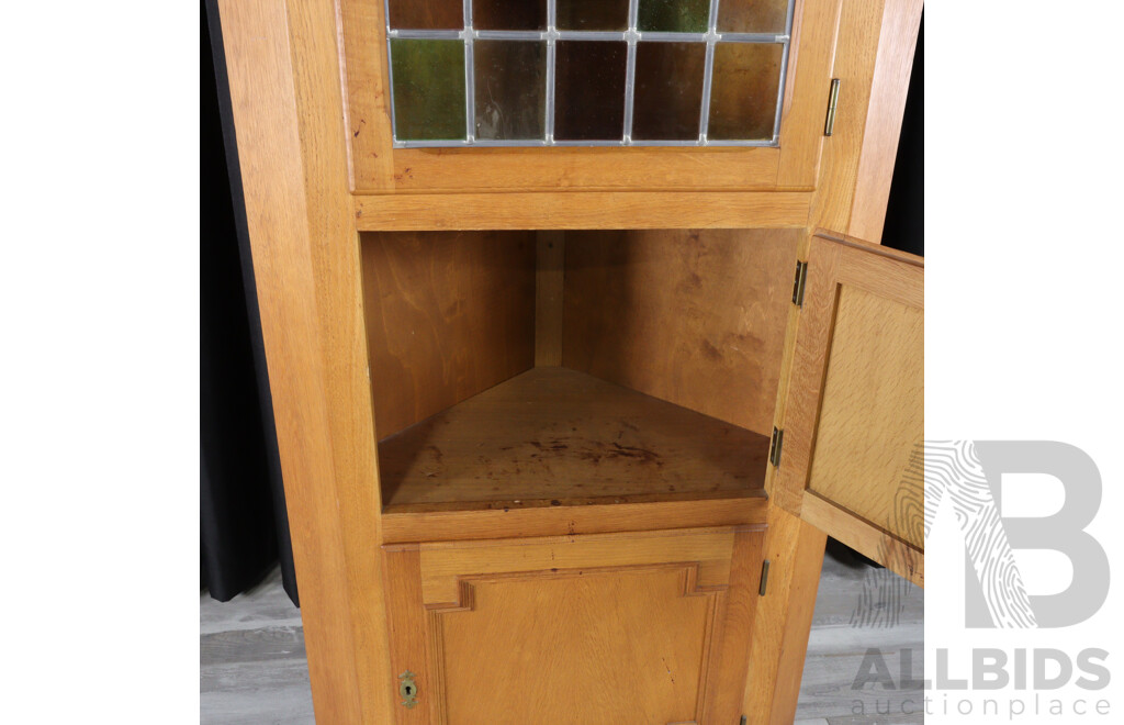 Vintage Danish Oak Corner Cabinet with Leadlight Door