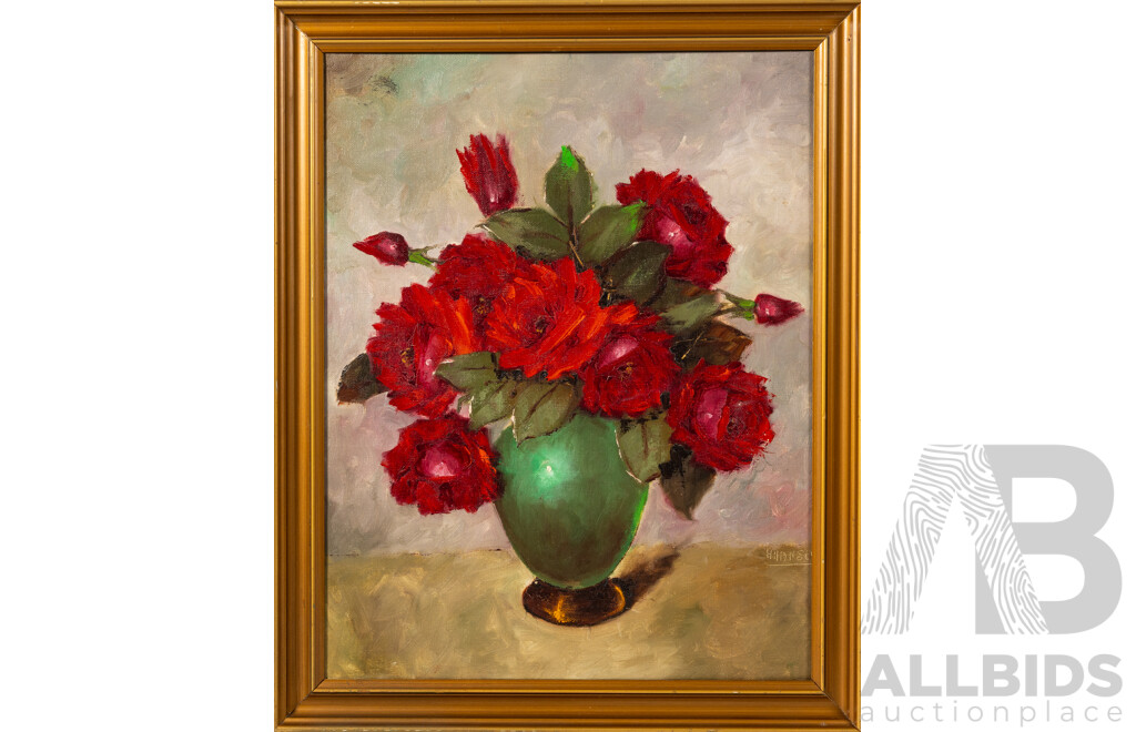 Artist Unknown (20th Century), Red Roses in Green Vase, Nice Original Vintage Oil on Canvas, 57 x 46 cm (frame)