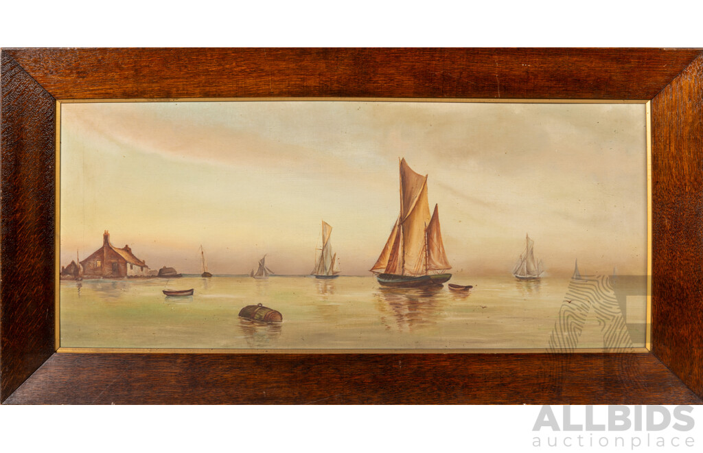 (Attributed To) Garman Morris (20th Century, British, Active c1900-1930), Boats in Harbour, Antique Original Watercolour & Gouache on Canvas, 45 x 89 cm (frame)