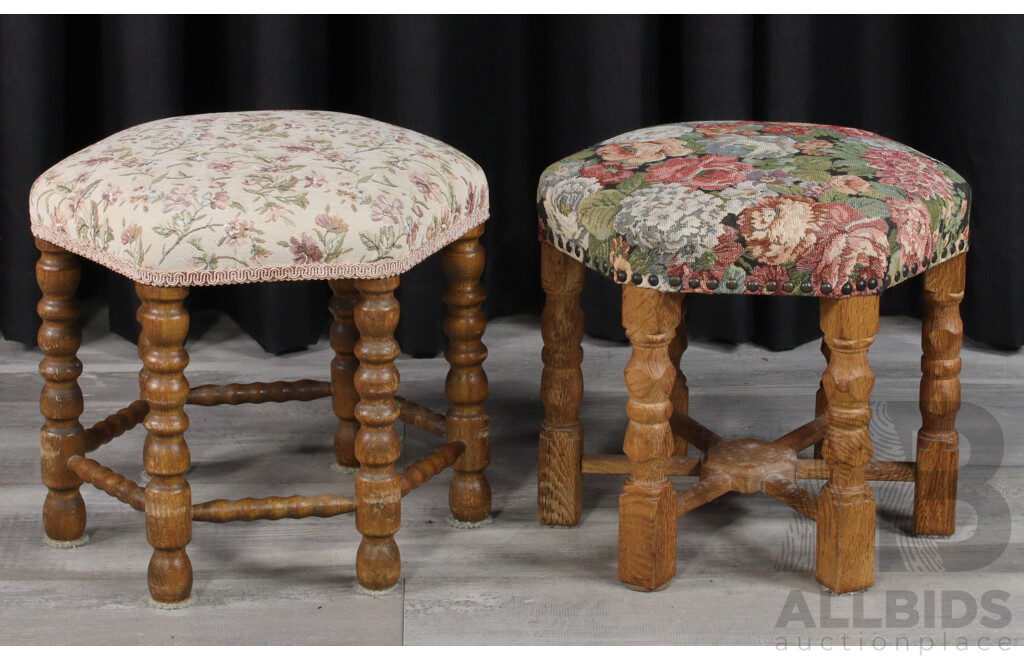 Pair of Antique Bobbin Turned Hexagonal Foot Stools