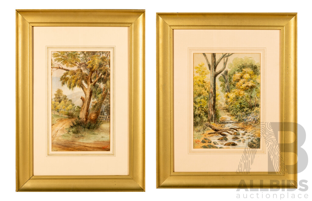 Francis Blower Gibbes (Scottish-Born Australian New Zealander, 1815-1904), Rocky Brook & Dirt Path Home (c1893), Pair of Wonderful Antique Watercolours, 66 x 47 cm (frames) (2)