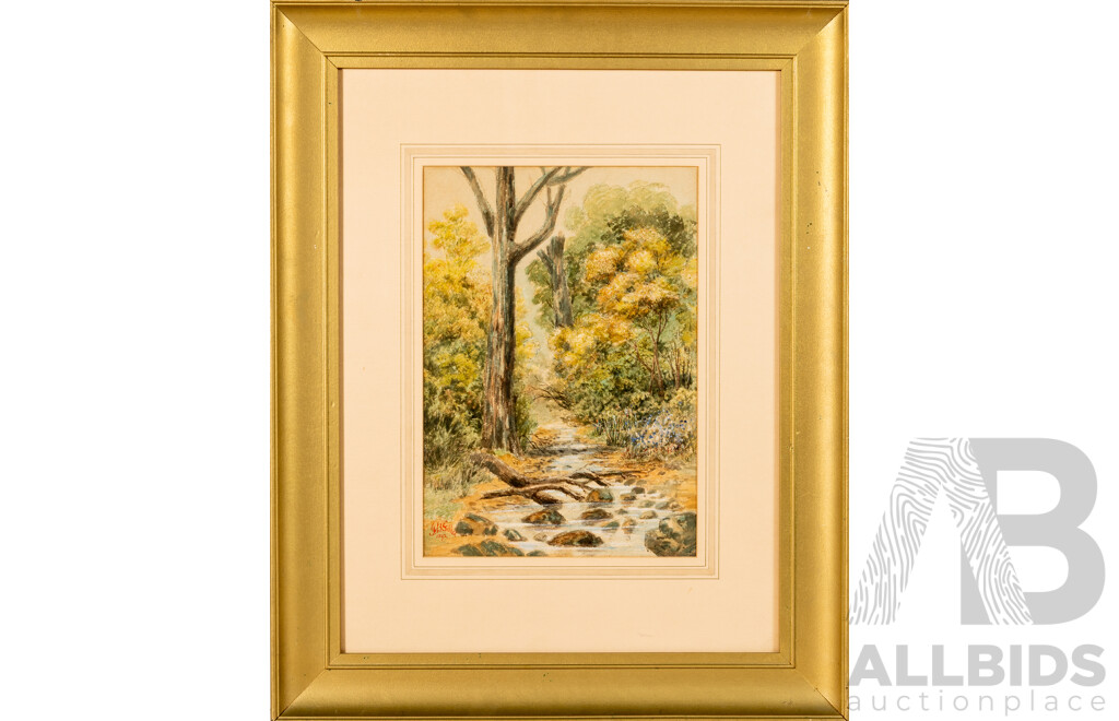 Francis Blower Gibbes (Scottish-Born Australian New Zealander, 1815-1904), Rocky Brook & Dirt Path Home (c1893), Pair of Wonderful Antique Watercolours, 66 x 47 cm (frames) (2)