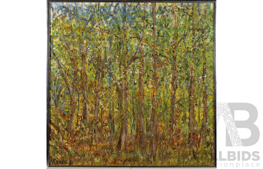 Voyen Koreis, (20th Century, British-Born Australian, 1943-2022), Trees (1981), Mixed Media Acrylic and Natural Stones on Board, 77 x 77 cm (frame)