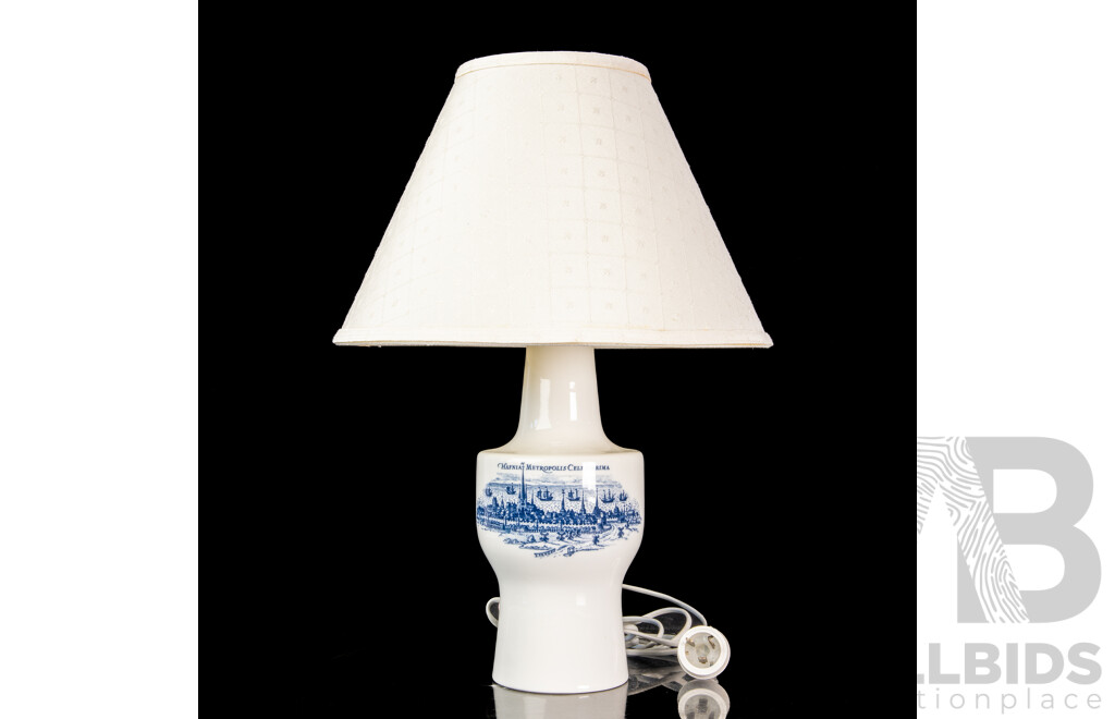 Scarce Mid Century Royal Copenhagen Fog & Morup Porcelain Hafnia Metropolis Celeberrima Lamp Base with Cloth Shade