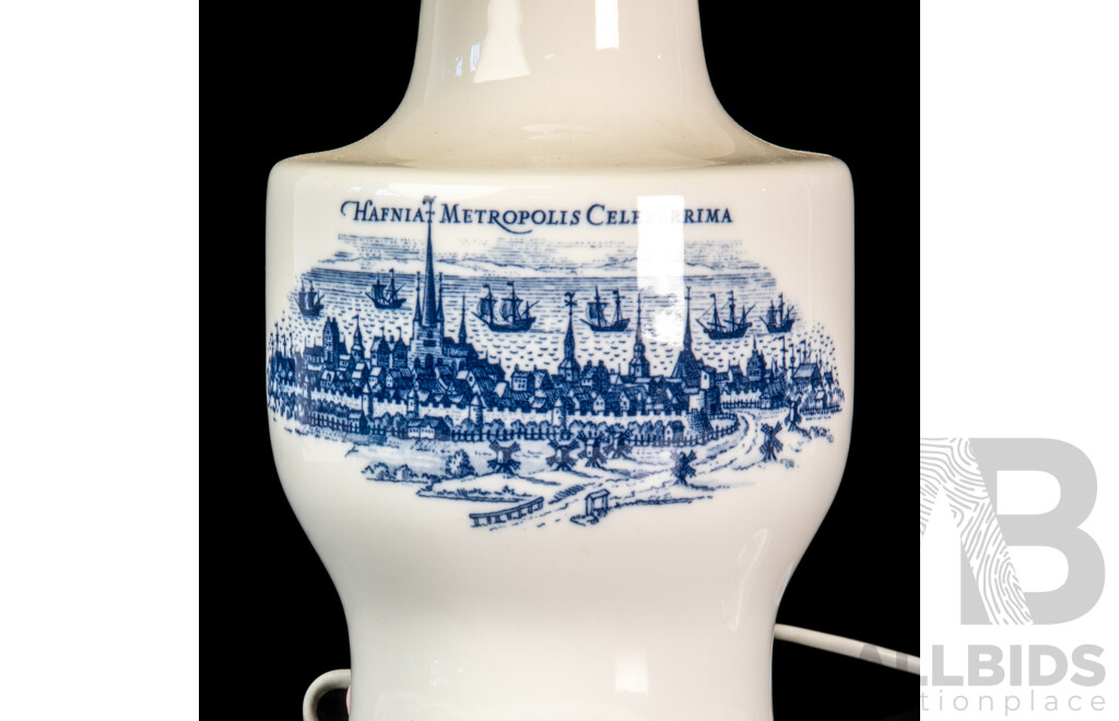 Scarce Mid Century Royal Copenhagen Fog & Morup Porcelain Hafnia Metropolis Celeberrima Lamp Base with Cloth Shade