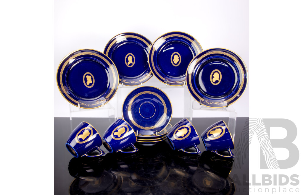 Set Four Porcelain Trios by Bing & Grondahl Copenhagen in the Composer Series with Gilt Trim