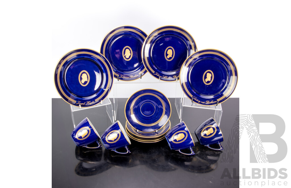 Set Four Porcelain Trios by Bing & Grondahl Copenhagen in the Composer Series with Gilt Trim