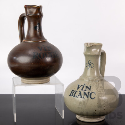Pair Mid Century Ceramic Danish Knabstaub Red & White Wine Carafes