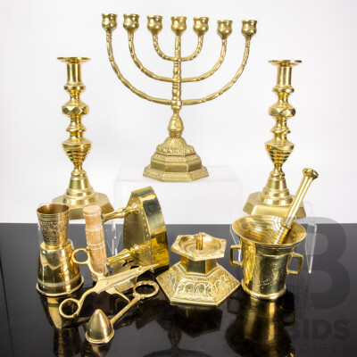 Collection Vintage & Other Brass Wear Including Pair Candle Holders, Seven Branch Candle Holder, Heavy Mortar & Pestle & More