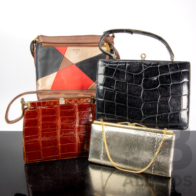 Collection Four Purses or Hand Bags Including Fossil Example, Brown Crocodile Skin Example, Black Faux Crocodile Example and Gold Snakeskin Example