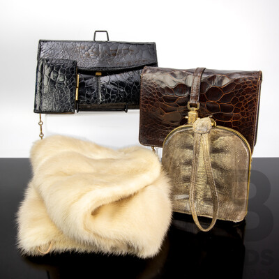 Collection Three Purses or Hand Bags and White Rabbit Fur Stole