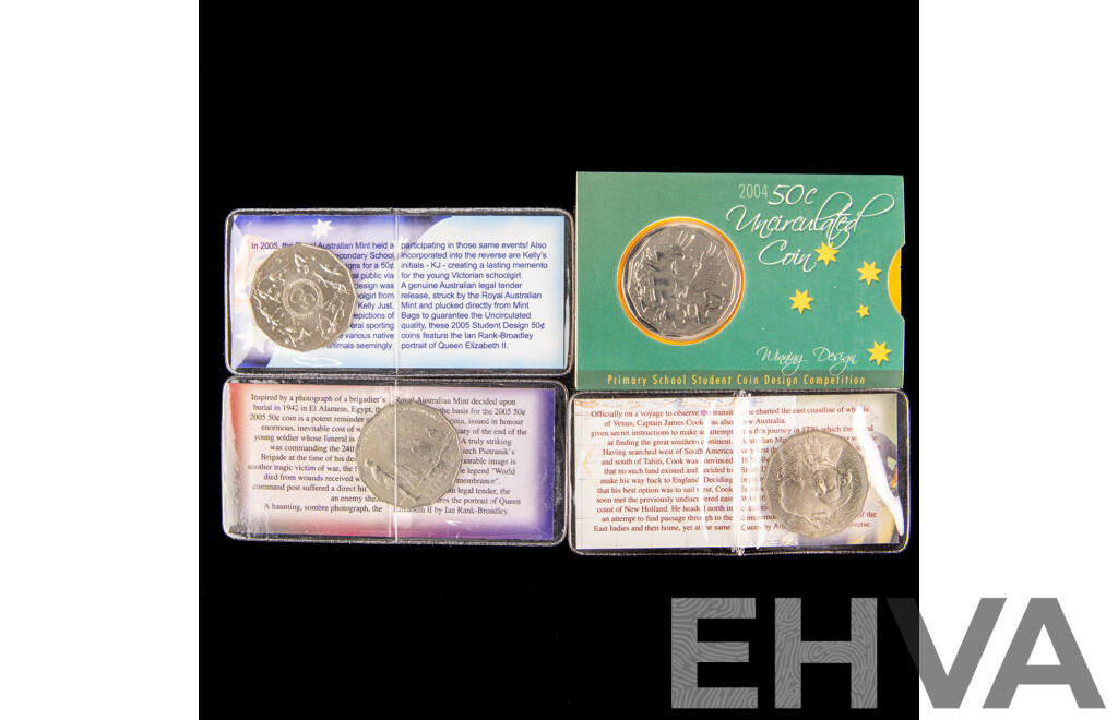 Four australian 2005 assorted 50c coins. All Uncirculated.