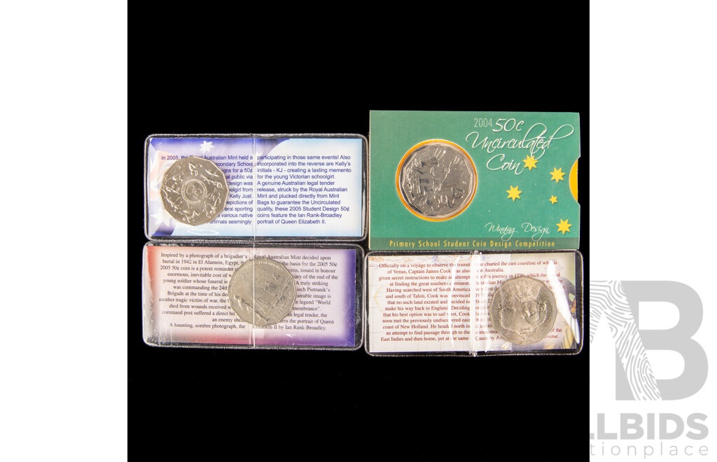 Four australian 2005 assorted 50c coins. All Uncirculated.