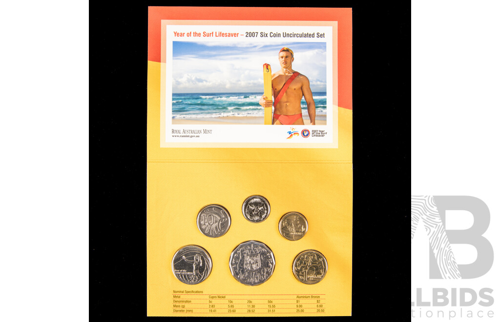 Australian 2007 six coin set, Year of the Surf Life Saver.