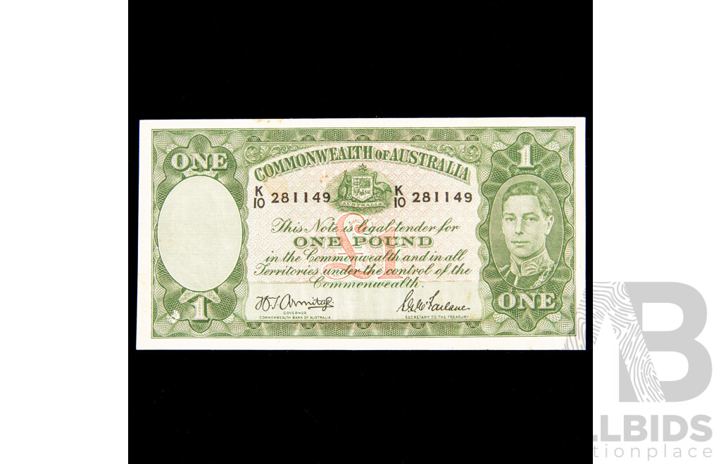 Australian 1942 Armitage McFarlane one pound note, K10 281149, R30a.