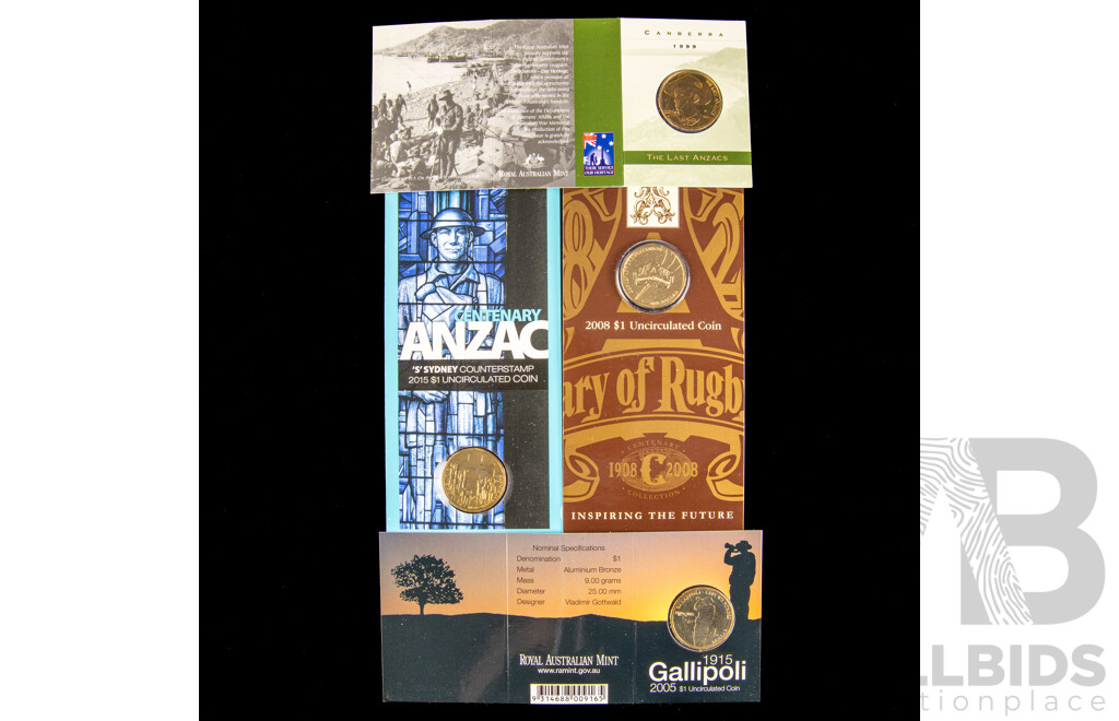 Four Australian UNC assorted one dollar coins