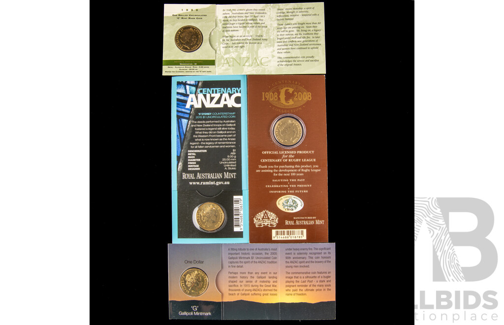 Four Australian UNC assorted one dollar coins