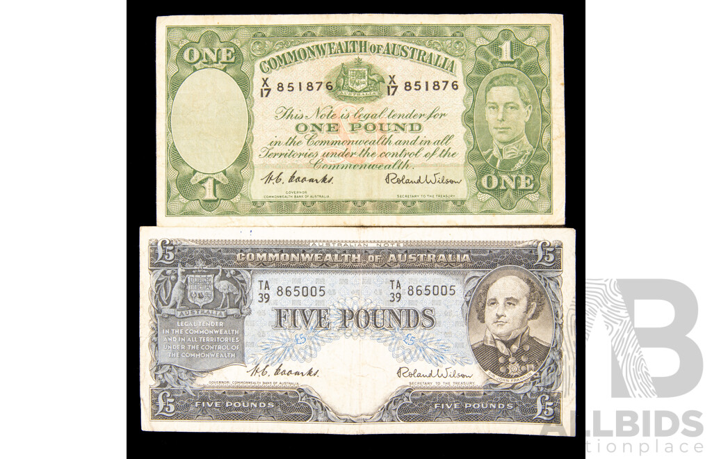 Australian 1954 Coombs Wilson five pound note TA39, 1952 one pound note X17