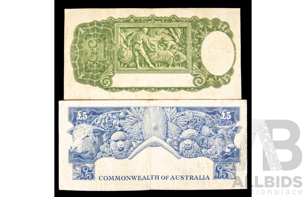 Australian 1954 Coombs Wilson five pound note TA39, 1952 one pound note X17