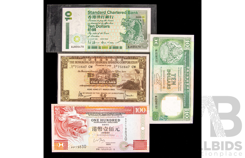 Hong Kong 1969, 1989, 1993, 1997 UNC bank notes.