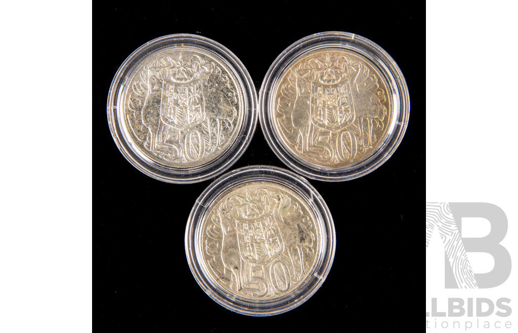 Three Australian 1966 UNC Silver Fifty Cent Coins