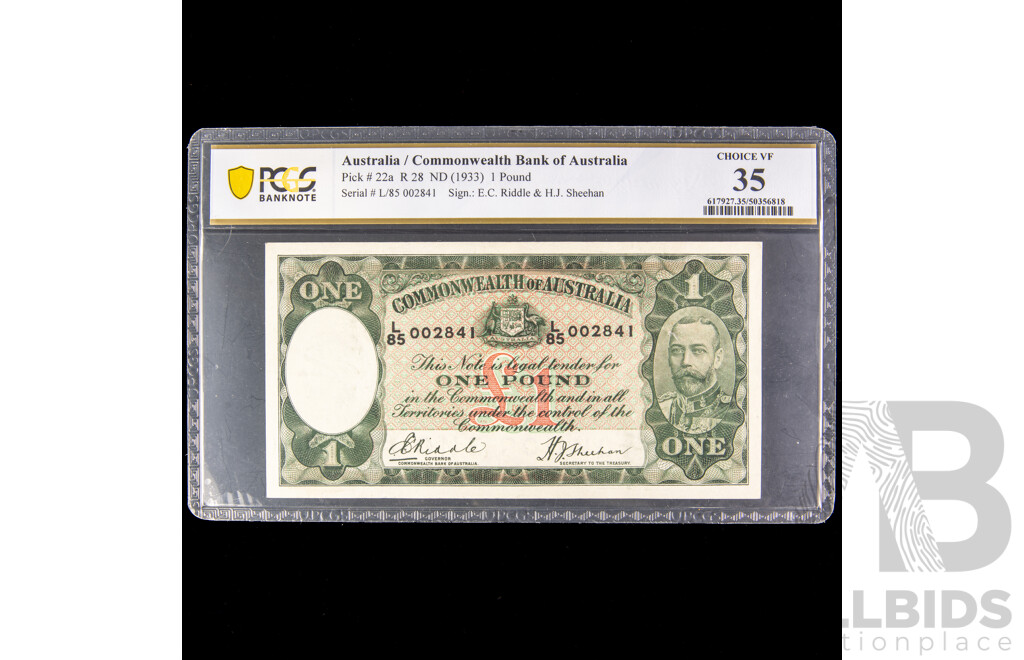 Australian 1933 Riddle Sheehan One pound note, L85 002841, Choice VF.