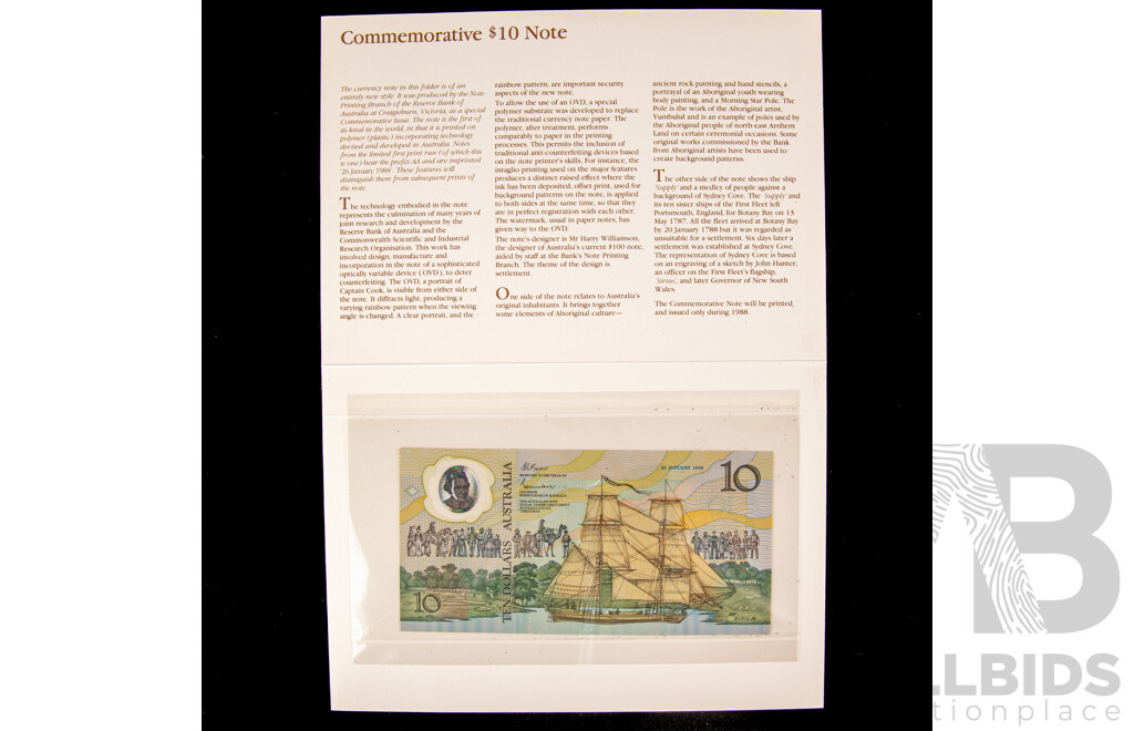 Australian 1988 Commemorative $10 note. AA 12108674 Johnston Fraser. Reniks A01.
